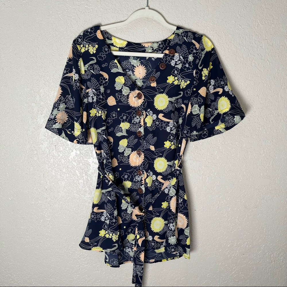 Modcloth Navy Floral Button-Front Tie Blouse with Yellow and Peach Blooms